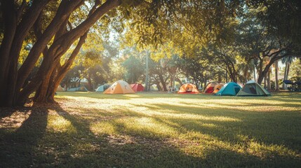 Tents under trees at dusk