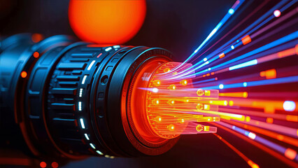 Glowing Fiber Optic Cable Transmitting Data
