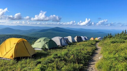 Tents set up on a mountain ridge