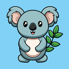 Obraz premium Cute Koala Holding Tree Branch – Flat Cartoon Vector Icon of Animal and Nature Concept 