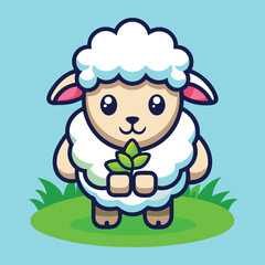 Cute Sheep Eating Grass – Cartoon Vector Icon Illustration, Animal Nature Concept Isolated in Flat Style
