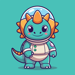 Triceratops Dinosaur in Spacesuit – Cartoon Vector Icon Illustration, Animal and Science Concept Isolated in Flat Style
