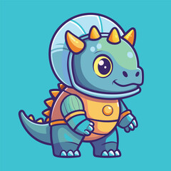 Triceratops Dinosaur in Spacesuit – Cartoon Vector Icon Illustration, Animal and Science Concept Isolated in Flat Style
