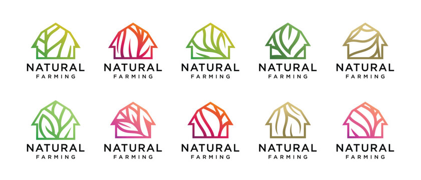 Nature tree farm house logo design collection. Nature leaf farm logo template. Farm and ranch logo symbol icon