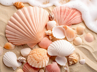 Sea shells scattered on a sandy beach with fine sea foam lapping at the shore, creating a soft rim around them. Romantic female summer wallpaper or postcard.