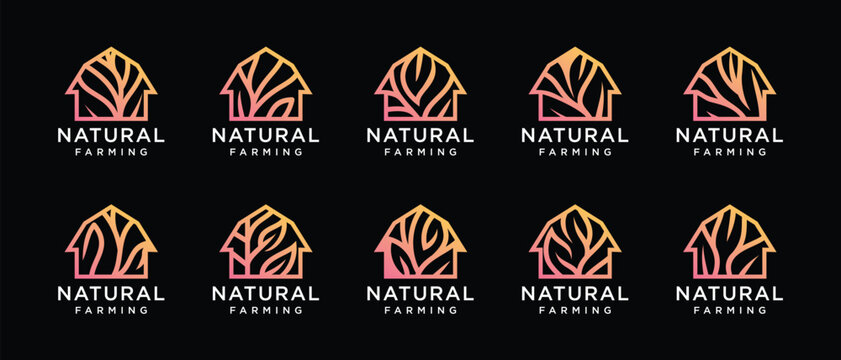 Nature tree farm house logo design collection. Nature leaf farm logo template. Farm and ranch logo symbol icon