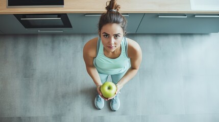 Woman holding green apple indoors