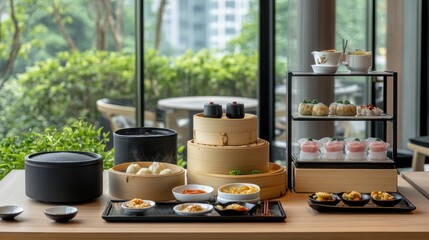 Dim sum feast styled on a long wooden table with layered steamers and tea service setup