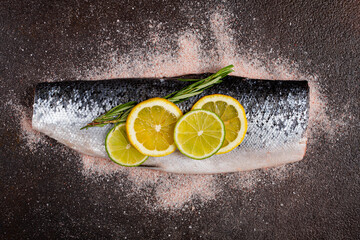 Fresh fish fillet, garnished with lemon and herbs, on a dark background, ready to cook