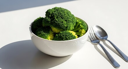 Close-up shot of fresh broccoli florets in a white bowl with a spoon and fork on a white surface under natural lighting. Healthy food concept.