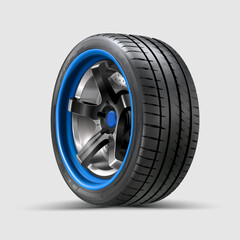 Modern sports tire with aluminum disc on white background.