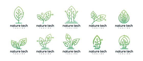 Green leaf technology logo design template collection. Nature leaf digital technology logo design vector icon