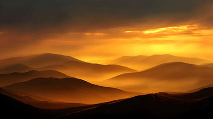 Foggy sunrise over abstract hills, golden hour lighting, diffused warmth