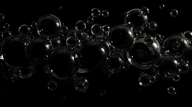 A striking abstract image featuring a dense cluster of various sized, dark, transparent bubbles with subtle reflections, appearing to float or drift against a solid black background - Powered by Adobe