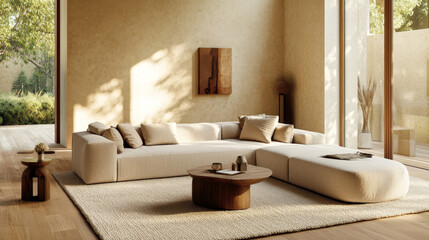 Contemporary living room setup with a beige couch, minimalist decor, a pouf, side table, and a boucle rug, ideal for use as a design template