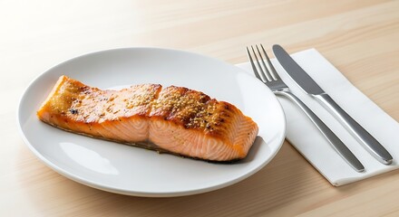 Grilled salmon fillet with sesame seeds on white plate with silverware and napkin on a light wooden table