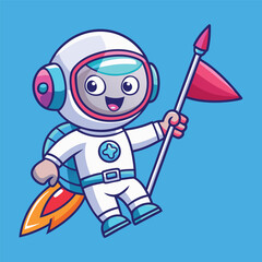 Cute Astronaut Flying with Rocket Flag &ndash; Flat Cartoon Vector Icon of Science and Technology Concept
