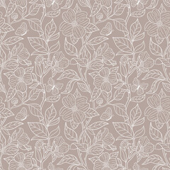 Seamless vector pattern with blooming dogwood and butterflies. Vector hand drawn line illustration.