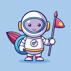 Cute Astronaut Holding Rocket Flag – Flat Cartoon Vector Icon of Science and Technology Concept

