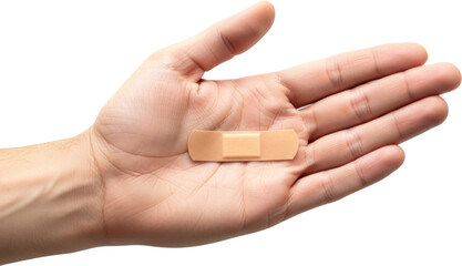 A close-up of a hand holding  an adhesive bandage (band-aid) against a transparent background, ideal for medical, health, or first aid-themed designs