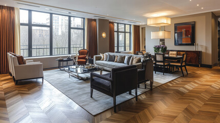 Fototapeta premium Modern living space with elegant furnishings and polished parquet wood flooring
