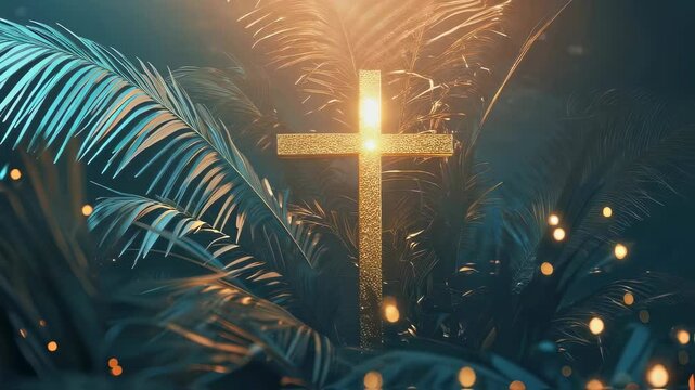 Christian palm sunday background, abstract light lines, shining cross and palm branches, life after death concept	