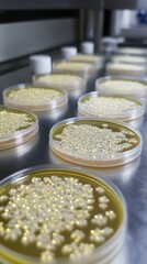 Petri dishes filled with golden culture medium contain microbial colonies thriving in a laboratory setting, showcasing the fascinating world of microbiology and experimentation.
