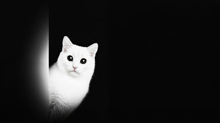 A playful, minimalist image of a white cat peeking out from behind a wall. Black background for copy space.