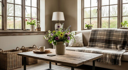 Cozy living room interior with a cheerful mood featuring flowers on a rustic table