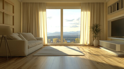 Fototapeta premium Scandinavian-style living room highlighted by a white sofa, wood flooring, and beige curtains with a wide window offering scenic views