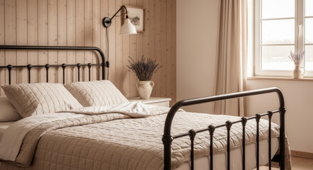 Cozy bedroom interior with a relaxing mood featuring a metal bed and soft bedding