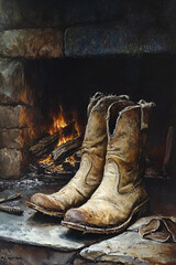 A detailed painting of a worn-out pair of boots resting by a fireplace, the leather texture and stitching captured in high realism