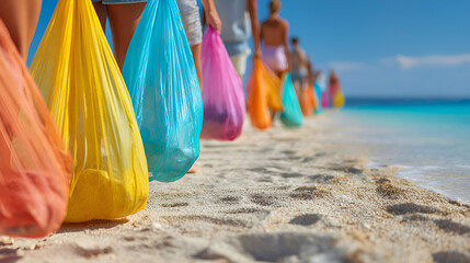 Group of individuals walking along sandy beach carrying colorful bags filled with litter, promoting environmental awareness and community cleanup efforts on sunny day. Plastic Bag Free Day