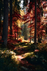 Fototapeta premium A peaceful autumn forest with leaves turning red and gold, the sunlight casting soft patterns on the ground