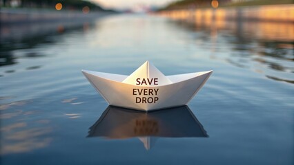Water Stewardship Program: Sustainable Resource Management Concept, A paper boat floating on water with printed words encouraging the message to save the environment.