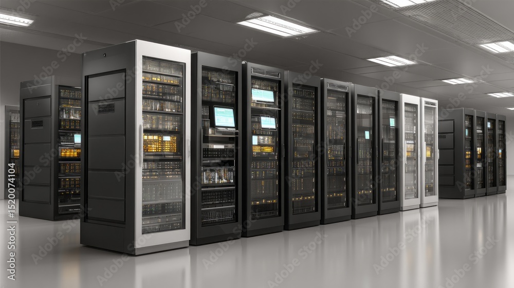 Poster Secure server room housing critical database systems for data storage and processing