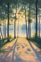 A peaceful morning scene with a misty lake and soft sunlight breaking through the trees, casting long shadows