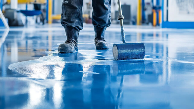Workers spread blue epoxy resin across a floor using spatulas and rollers in an industrial facility