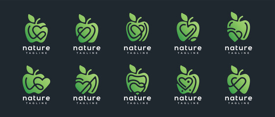 Collection of apple fruit love logo designs. Apple fruit logo template with leaf and love. Apple logo symbol icon