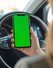 POV of young woman in driver's seat holding smartphone with green screen before driving. Female hand using mobile phone inside car, technology and navigation concept.


