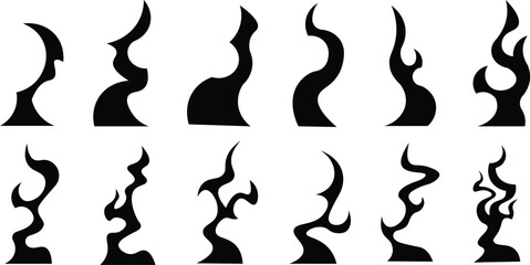 A set of abstract black silhouette shapes resembling energy bursts, flames, smoke, or mystical swirls. These vector elements feature organic curves and dynamic motion,fantasy themes, spiritual concept
