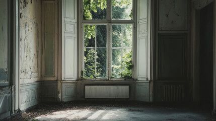 An unoccupied room with white trim on the window and a door directly ahead