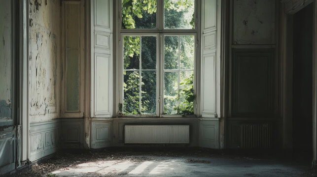 An unoccupied room with white trim on the window and a door directly ahead