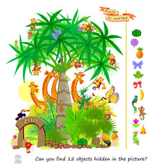 Can you find 12 objects hidden in the picture? Logic puzzle for smartest. Search and find game. Illustration of tropical zoo. Page for kids brain teaser book. Flat vector drawing. IQ test.
