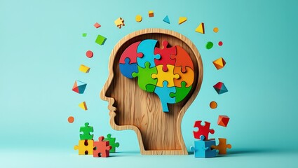 Obraz premium Wooden head shape brain made of colorful puzzle pieces. Illustration complex thinking process, logical mind. Parts of brain connected. Concept of connecting ideas, problem-solving abilities. Abstract