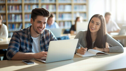 Two smiling students collaborate at a desk in a bustling library environment