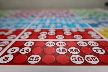printing of colored and numbered game cards called bingo in the printing house. selective focus