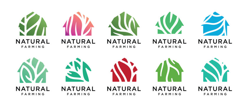 Nature tree farm house logo design collection. Nature leaf farm logo template. Farm and ranch logo symbol icon