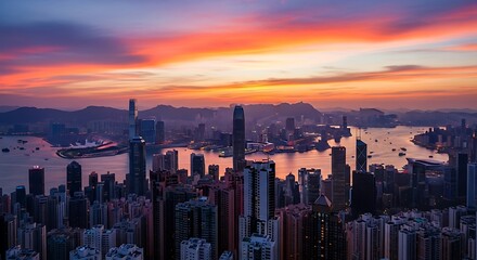 A cityscape view at sunset showcasing a vibrant sky over dense buildings and a harbor in a city. The image captures the urban landscape with detailed structures and a colorful horizon.