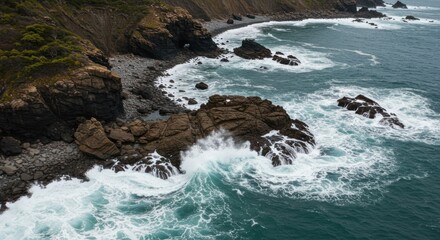 Dramatic coastline where rugged cliffs meet the turbulent ocean with crashing waves